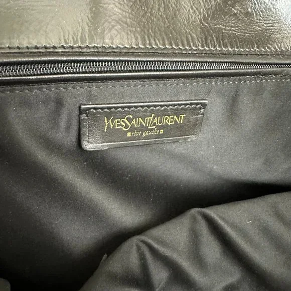 Vintage YSL Saint Laurent Black Patent Leather Croc Stitched Tribute Flat Tote